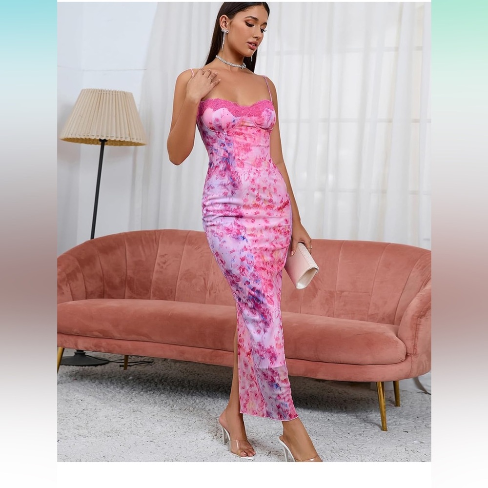 NWOT GLNEGE Women's Summer Floral Midi Dress Spaghetti Strap lace Up Slit